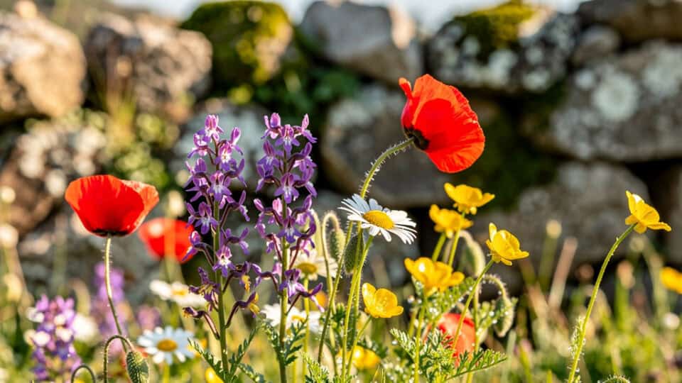 Colorful spring wildflowers blooming in puglia fields