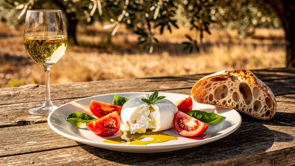 Fresh burrata cheese with tomatoes and olive oil