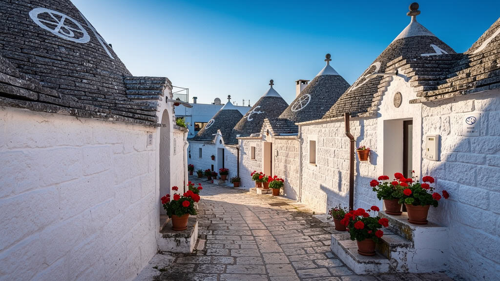 Traditional trulli houses in alberobello with conical roofs